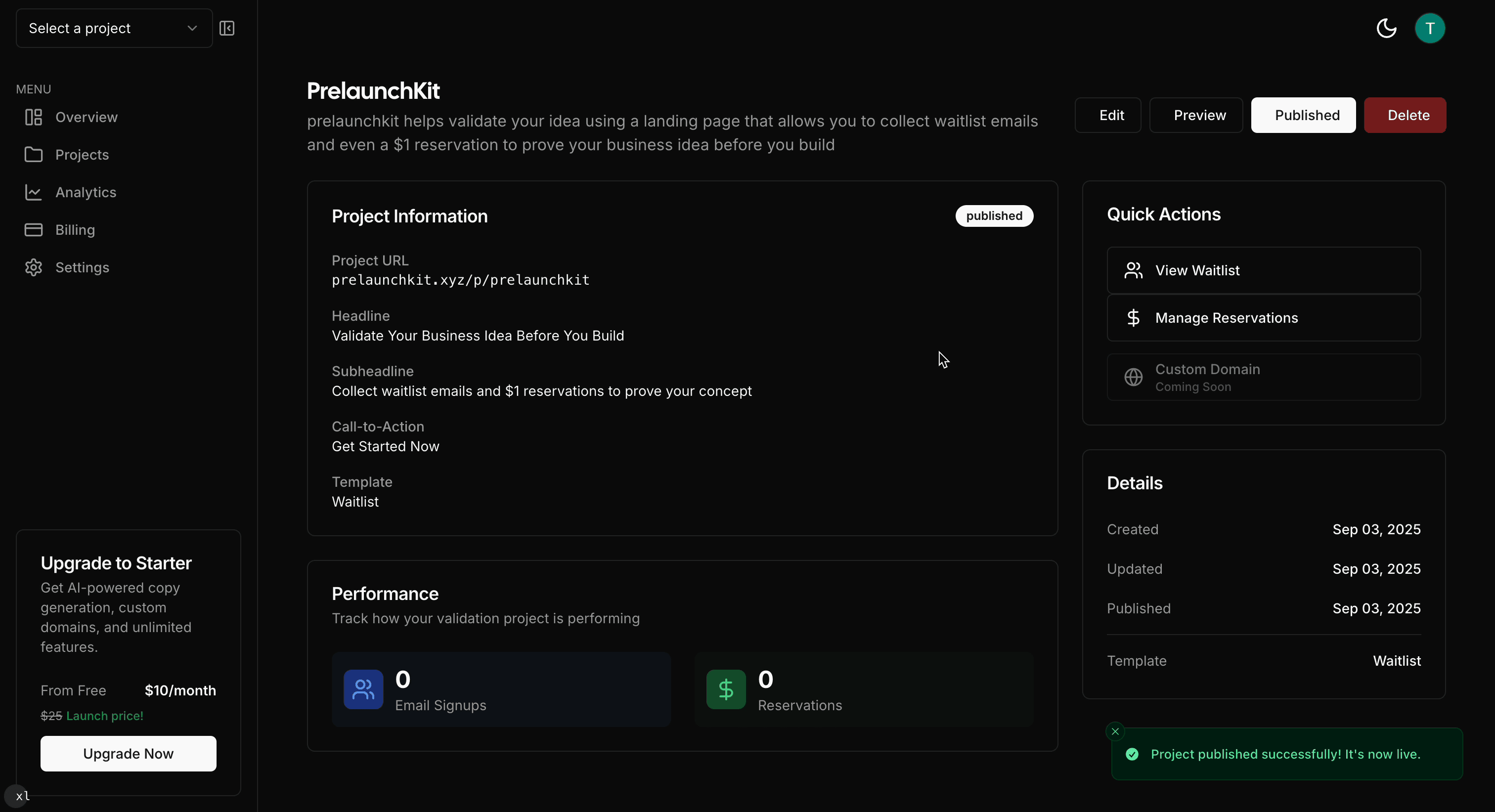 PrelaunchKit dashboard preview dark mode